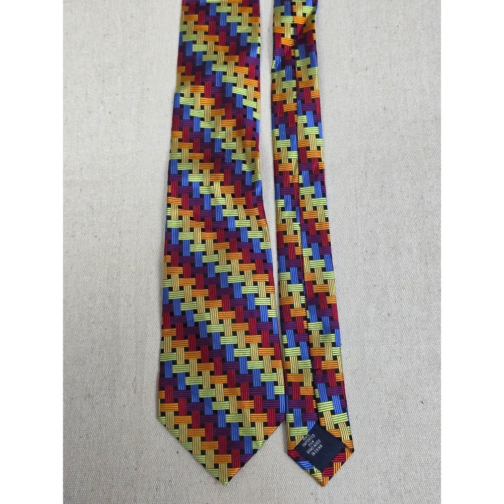 Paul Fredrick Mens Silk Tie Multi Color Basketweave Geometric Hand Made Necktie - Picture 2 of 7